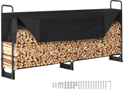 8.5ft Outdoor Haardhoutrek met Dekking, 102x14.2x46.1 In, Stevige Houder voor Hout, 600d Oxford Waterdichte Dekking, voor Open Haard, Patio, Binnen/Buiten Opslaan