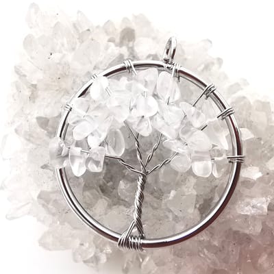 Ketting - verzilverd - L 50 cm met Edelsteen - Bergkristal - Tree of life - hanger - Ø 3cm - Made by hand. Een enorme geneeskracht werking.