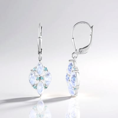 Cavill - 925 Sterling Zilver Gerhodineerd - Blauwe Maansteen 2 16 ct & Ratanakiri Zirkon 0 22 ct - Elegante Marquise Oorbellen 32 mm