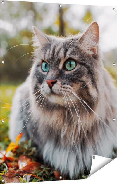 Gards Tuinposter Kat met Groene Ogen op het Gras - 90x120 cm - Tuindoek - Tuindecoratie - Wanddecoratie buiten - Tuinschilderij