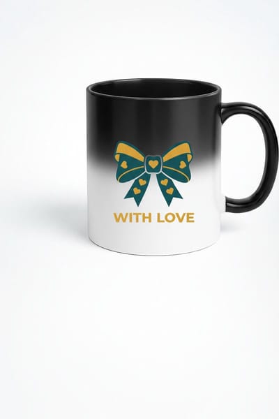 Black Magic Mok 'With Love' met Elegante Strik & Hartjes - Hittegevoelige Koffiemok Cadeau