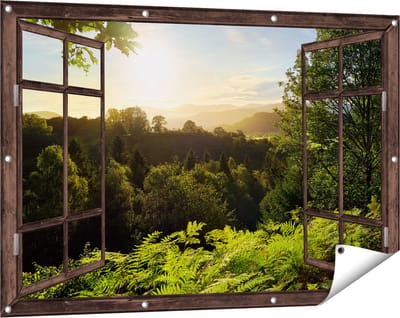 Gards Tuinposter Doorkijk Zonsondergang vanuit een Bos - 120x80 cm - Tuindoek - Tuindecoratie - Wanddecoratie buiten - Tuinschilderij