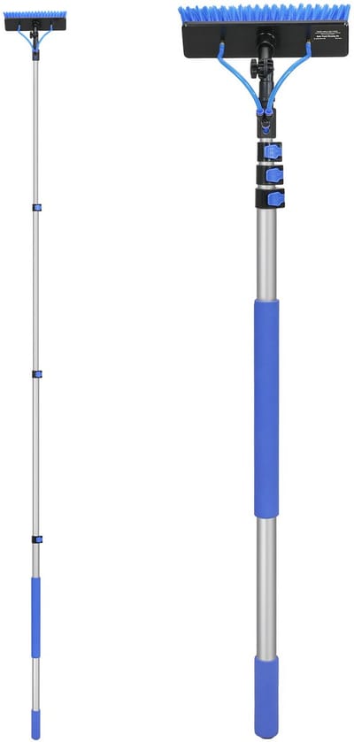 Watertoevoer stang set, 3,6 m uitschuifbaar voor het reinigen van zonnepanelen en ramen, 180° roterende borstel, 20 m slang, compleet reinigingsgereedschap voor buitengebruik