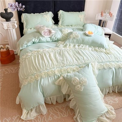 4-delige Koreaanse Prinses Stijl Bloemen Kant Ruches Beddengoed Set Queen King Dekbedovertrek Bedrok/Laken/Hoeslaken Kussensloop US Full size 4 pcs