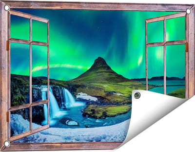 Gards Tuinposter Doorkijk Noorderlicht bij de Watervallen in IJsland - 60x40 cm - Tuindoek - Tuindecoratie - Wanddecoratie buiten - Tuinschilderij
