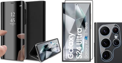 Hoesje geschikt voor Samsung Galaxy S24 Ultra - Screenprotector PET & Camera - Spiegel Book Case Zwart