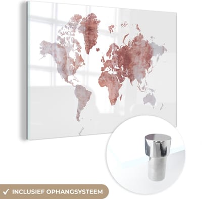 ® Glasschilderij 150x100 cm - Schilderij acrylglas - Wereldkaart - Marmer - Rood - Foto op glas - Muurdecoratie woonkamer - Wanddecoratie slaapkamer - Schilderijen
