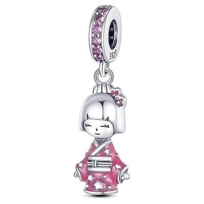 Fler® | Bedel | Past op populaire bedelarmbanden (standaard - 3mm) | Kokeshi Pop Bedel | Japan | Hangbedel Charm | 925 sterling zilver | Roze zirkonia | Roze emaille | Armband Kraal | Valentijnsdag Cadeau | Sinterklaas kado | Kerstcadeau | Verjaardag