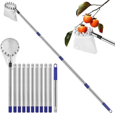 Fruitplukker met telescoopsteel, 4.2 m, lichtgewicht roestvrijstalen bar, ideaal voor appels en ander fruit, met 16 cm mand en katoenen tas
