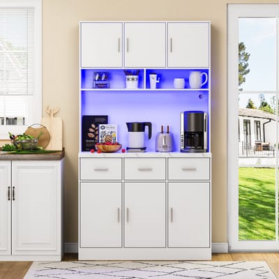 100x40x180cm - multifunctionele zelfbedieningsbuffetkast - met LED-verlichting - lades - verstelbare planken - doorvoer en stopcontacten - wit