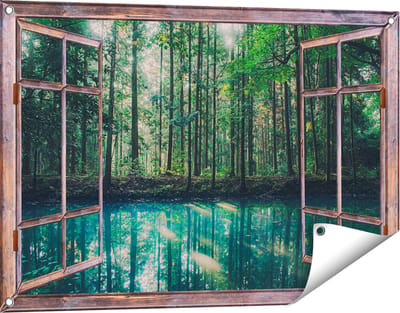 Gards Tuinposter Doorkijk Bos bij een Groen Meer - 90x60 cm - Tuindoek - Tuindecoratie - Wanddecoratie buiten - Tuinschilderij