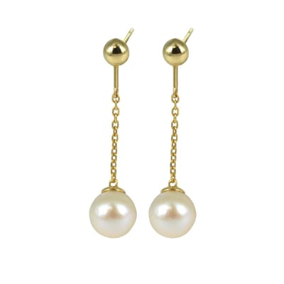 New Bling 9NBSAM-G190054 Gouden Oorbellen - Dames - Oorknopjes met Ketting - Parel - 5,3 mm Doorsnee - 22 mm Lengte - 14 Karaat - Goud