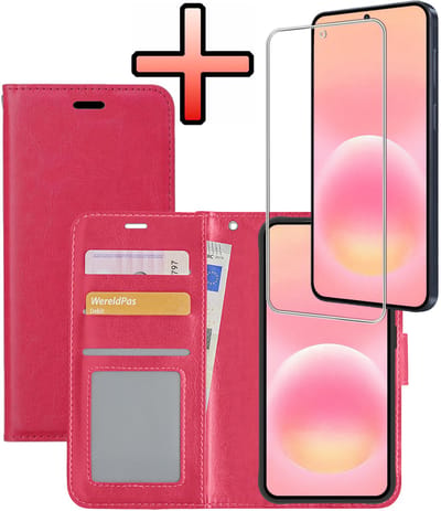 Hoesje - Met Screenprotector - Geschikt voor Samsung Galaxy A57 - Luxe Pasjeshouder - Bookcase Portemonee - Flip Case - Kunstleer Book Case - Flipcase - Book Cover - Walletcase - Portemonneehoes - Donkerroze