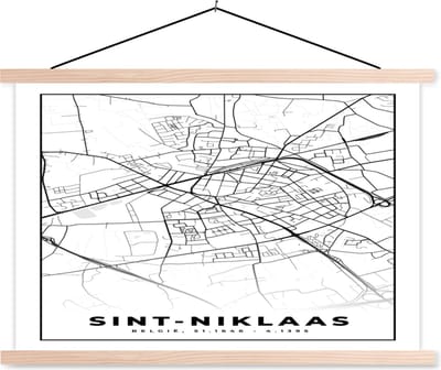 Posterhanger incl. Poster 90x60 cm - Schoolplaat - Stadskaart – Plattegrond – België – Zwart Wit – Sint Niklaas – Kaart - Textielposter - Blanke latten - Stadskaart