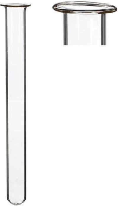 Glazen reageerbuis 1,5 cm diameter 10 cm hoog, met ring (set van 12 stuks)
