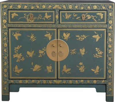 Fine Asianliving Chinese Kast Arctic Blauw Grijs Vlinders Handbeschilderd - Orientique Collectie B90xD40xH80cm Chinese Meubels Oosterse Kast