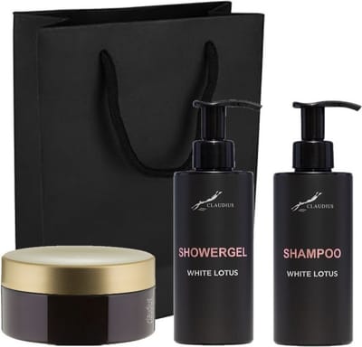Douchepakket White Lotus - Showergel + Shampoo + Scrubzout 300 gram - 300 ml per fles - set van 3 stuks - met luxe gift tas - cadeau - giftset voor hem en haar