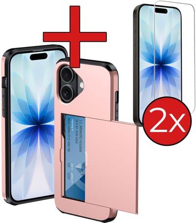 Hoesje Geschikt voor iPhone 17 Hoesje Met Pasjeshouder Hard Case Met Kaarthouder Met 2x Screenprotector - Hoes Geschikt voor iPhone 17 Hoesje Pashouder Case - Rosé goud