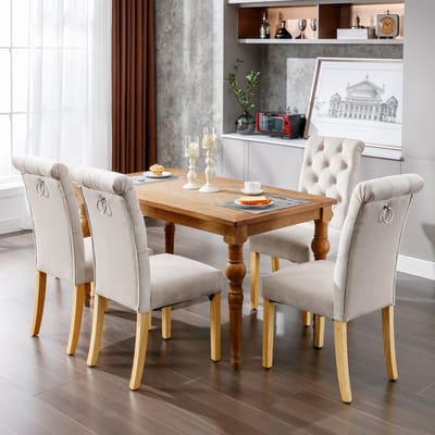 Eetkamerstoelen - Set van 4 - Eetkamerstoel met Eikenhouten Poten - Moderne Stoel - Knopen Details - Chromen Nagelkop Afwerking - Keukenstoel - Woonkamerstoel - Slaapkamerstoel - Lounge Stoel - Vrijetijdsstoel - Beige