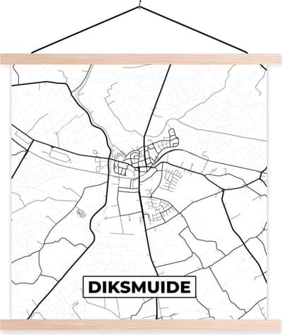 Posterhanger incl. Poster 40x40 cm - Schoolplaat - Zwart Wit – België – Plattegrond – Stadskaart – Kaart – Diksmuide - Textielposter - Blanke latten - Stadskaart