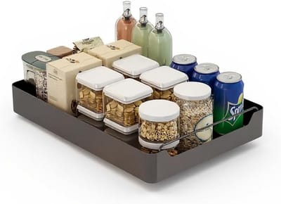Schuiflade keukenkast - Telescopische Keukenlade Organizer, Plakbare Schuifplank voor Kasten - 25x43x7cm Zwart - Rangschikkingsoplossing zonder Boorwerk