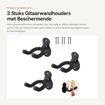 Dailygoods - 3 Stuks Gitaarwandhouders met Beschermende Spons