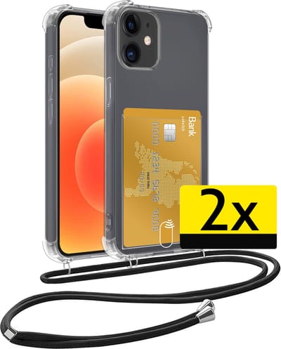 Hoesje Geschikt voor iPhone 12 Telefoonhoesje Met Koord Case Pashouder Siliconen - Hoes Geschikt voor iPhone 12 Hoesje Met Kaarthouder - Transparant - 2 Stuks