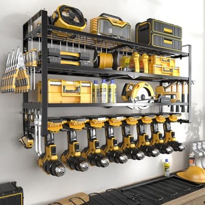 Power Tool Organizer Wandmontage - 4 Lagen Gereedschap Opslag voor Garage - Heavy Duty Boorhouder met Hamer en Schroevendraaier