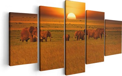 Artaza Canvas Schilderij Vijfluik Olifanten In Het Wild - Zonsondergang - 100x50 - Foto Op Canvas - Canvas Print