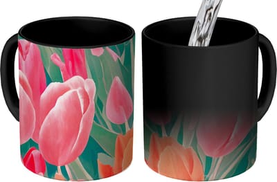Magische Mok - Foto op Warmte Mokken - Koffiemok - Tulpen - Bloemen - Roze - Rood - Kunst - Magic Mok - Beker - 350 ML - Theemok