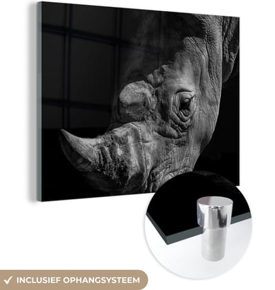 MuchoWow® Glasschilderij 160x120 cm - Schilderij acrylglas - Neushoorn - Wild dier - Portret - Foto op glas - Schilderijen