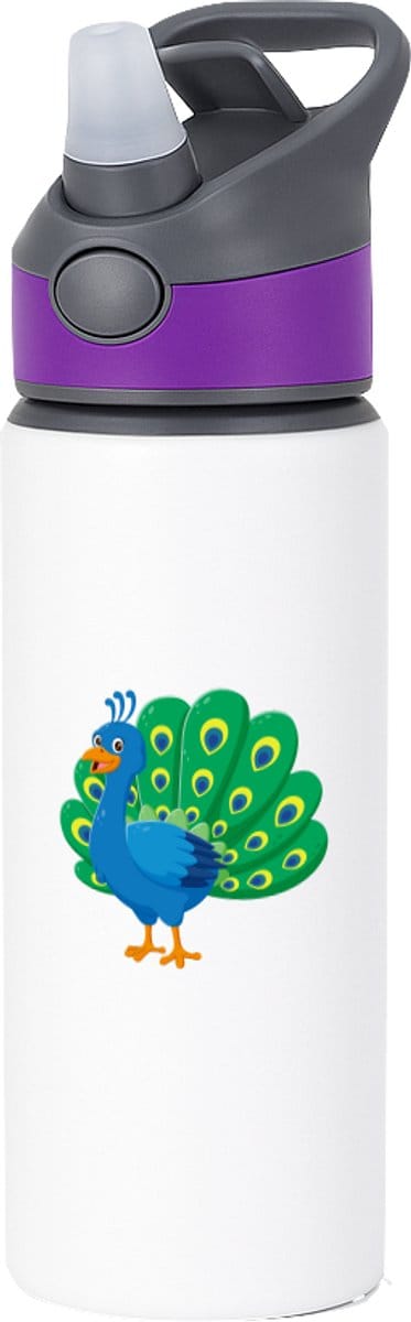 Hacebo® - Pauw waterfles met rietje paars - Vogels - Dieren liefhebbers - Kinderboerderij - veren - water fles - 650ML