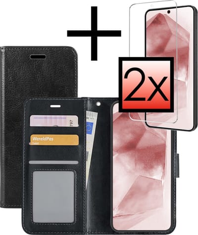 Hoesje - Met 2x Screenprotector - Geschikt voor Samsung Galaxy A55 - Luxe Pasjeshouder - Bookcase Portemonee - Flip Case - Kunstleer Book Case - Flipcase Hoes - Book Cover - Walletcase - Portemonneehoes - Zwart