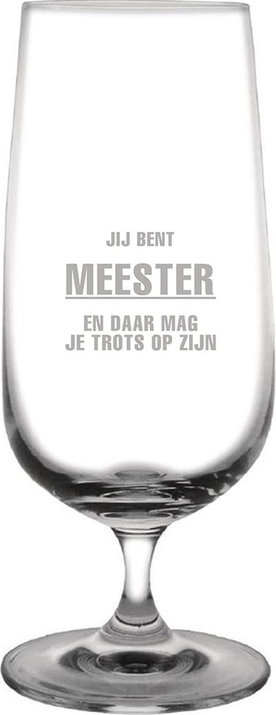 Gegraveerde bierglas op voet 41cl Jij bent Meester en daar mag je trots op zijn