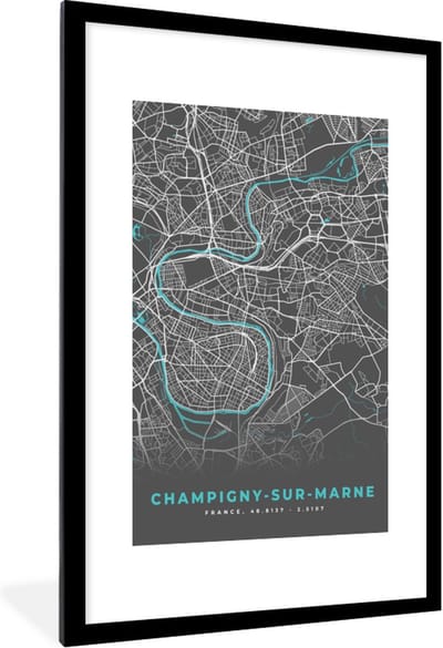Fotolijst incl. Poster - Frankrijk - Kaart - Stadskaart - Plattegrond - Champigny-sur-Marne - 80x120 cm - Posterlijst