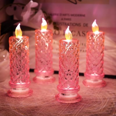 Rose Shadow LED vlamloze kaarsen, 4 stuks romantische kaarsen op batterijen, LED-pilaarkaarsen voor Valentijnsdag, romantische huwelijksaanzoek, jubileumdecoratie (roze, d 6,3 cm x h 18,3 cm)