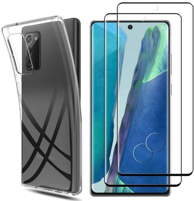 Hoesje Ultraslank geschikt voor Galaxy Note 20 backcover siliconen Transparant en 2 stuks ScreenProtector Gehard Glas met zwarte randen