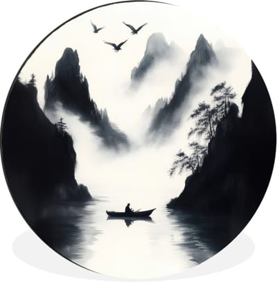 WallCircle - Wandcirkel - Muurcirkel - Roeiboot - Mistig - Bergen - Vogels - Aluminium - Dibond - 30x30 cm - Binnen en Buiten