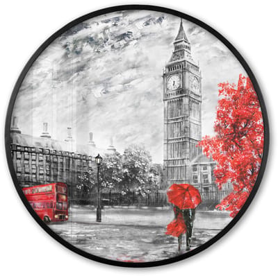 Poster in lijst Rond - Fotolijst 60x60 cm - Posters - Schilderij - Big Ben - Rood - Paraplu - Ronde posterlijst zwart - Decoratie - Wanddecoratie woonkamer - Muurdecoratie slaapkamer
