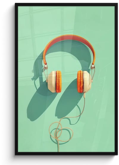 Poster in lijst - Fotolijst 80x120 cm - Posters - Koptelefoon - Oranje - Snoer - Minimalistisch - Posterlijst zwart - Decoratie - Wanddecoratie woonkamer - Muurdecoratie slaapkamer - Kerstversiering - Kerstdecoratie voor binnen - Kerstmis