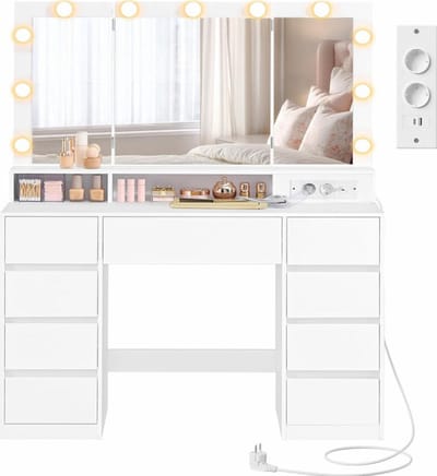 Sierra, Grote make-uptafel met spiegel en stopcontact, verstelbare ledverlichting, make-uptafel met 9 laden, moderne kaptafel, wit RDT146WB01