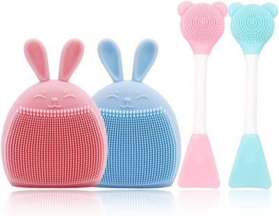 Famanu – Set van 4 siliconen gezichtsscrubbers – Dubbele punt – verwijdering – Roze & blauw