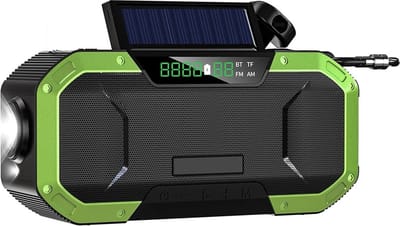 Bealive® Nood radio - 6 in 1 - Hand crank generator - Solar oplaadbaar - Multifunctioneel - Waterdicht - 5000 mAh - 7W - 166 x 52 x 78 mm - Inclusief zaklamp, power bank, kompas, digitale klok en SOS alarmfunctie