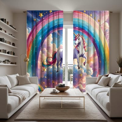 2 pièces HD dessin animé Licorne arc-en-ciel rideau décoratif Couleur cravate rideau imprimé numérique Décoration maison style Décoration salon W52H63inchW132H160cm blue