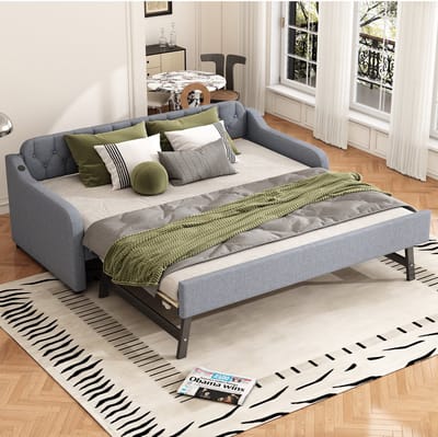 MEUNIQ slaapbank 90x200 cm met uitschuifbaar rolbed en USB-aansluiting, bedbank met lattenbodem voor slaapkamer of logeerkamer, grijs