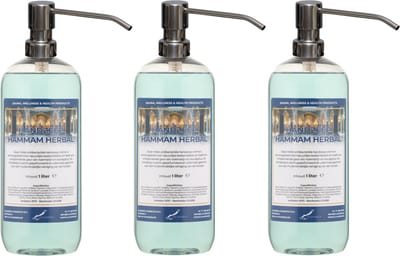 Handzeep Hammam Herbal 1 liter - set van 3 stuks - met gratis RVS zilverkleurige pomp - Voordeelverpakking