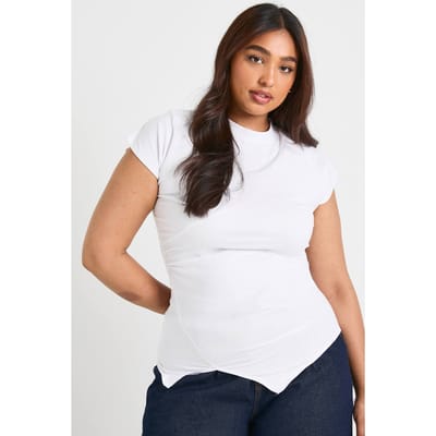 boohoo Dames Plus Geruched Zijkant V-hals Capmouw Top | White | Maat: 16