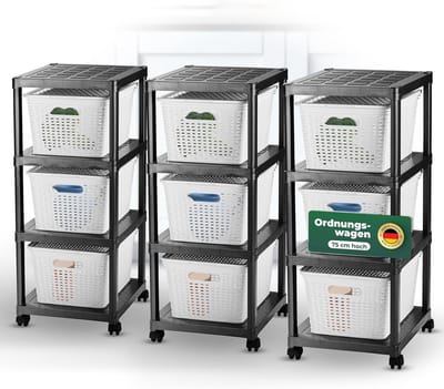 Novaliv 3x rolwagen 4 niveaus met 9x rotan mand & deksel wit, badkamerplank badkamer keuken, opbergwagen zijwagen universele wagen schoonmaakwagen opbergwagen, opbergorganizer