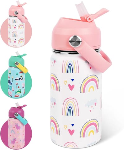 Thijox - 350 ml geïsoleerde waterfles voor kinderen met rietjesdeksel, vacuüm geïsoleerd, BPA-vrij, schattig ontwerp, handvat voor jongens en meisjes,