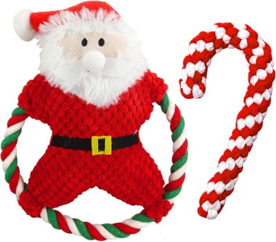 Famanu – Kerst hondenspeelgoed met pieper en touw – Interactief kauwspeelgoed – Set van 2